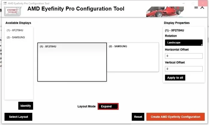 کلیک کردن بر روی دکمه “Expand” در ابزار پیکربندی AMD Eyefinity Pro.