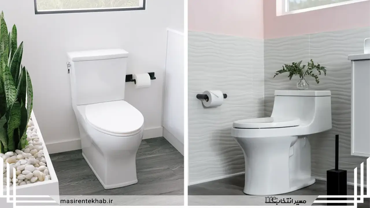عکس دو توالت فرنگی یک تکه سفید را نشان می‌دهد که در یک حمام قرار دارند.