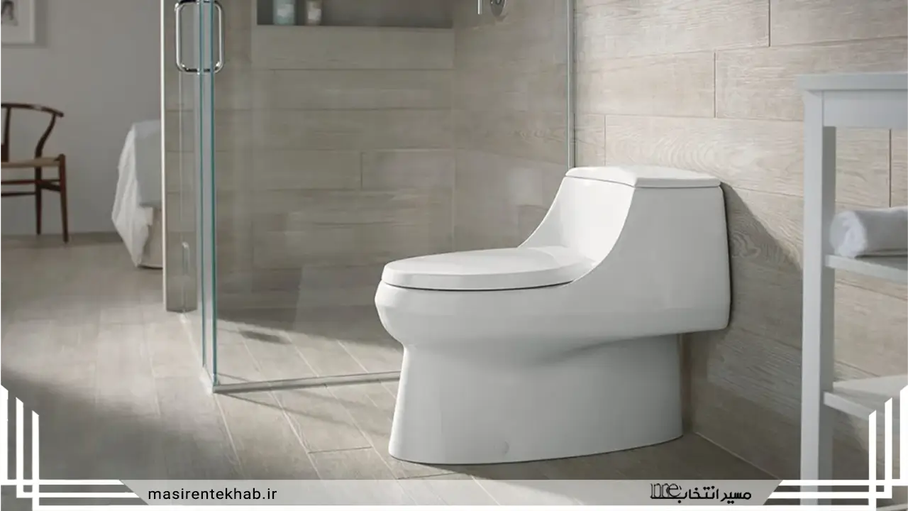 یک توالت فرنگی سفید در یک حمام. توالت در کنار یک دوش شیشه ای قرار دارد و دارای یک مخزن آب و یک صندلی است. صندلی توالت پایین است.