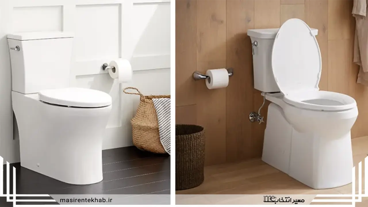 تصویر دو توالت فرنگی skirted سفید در دو حمام