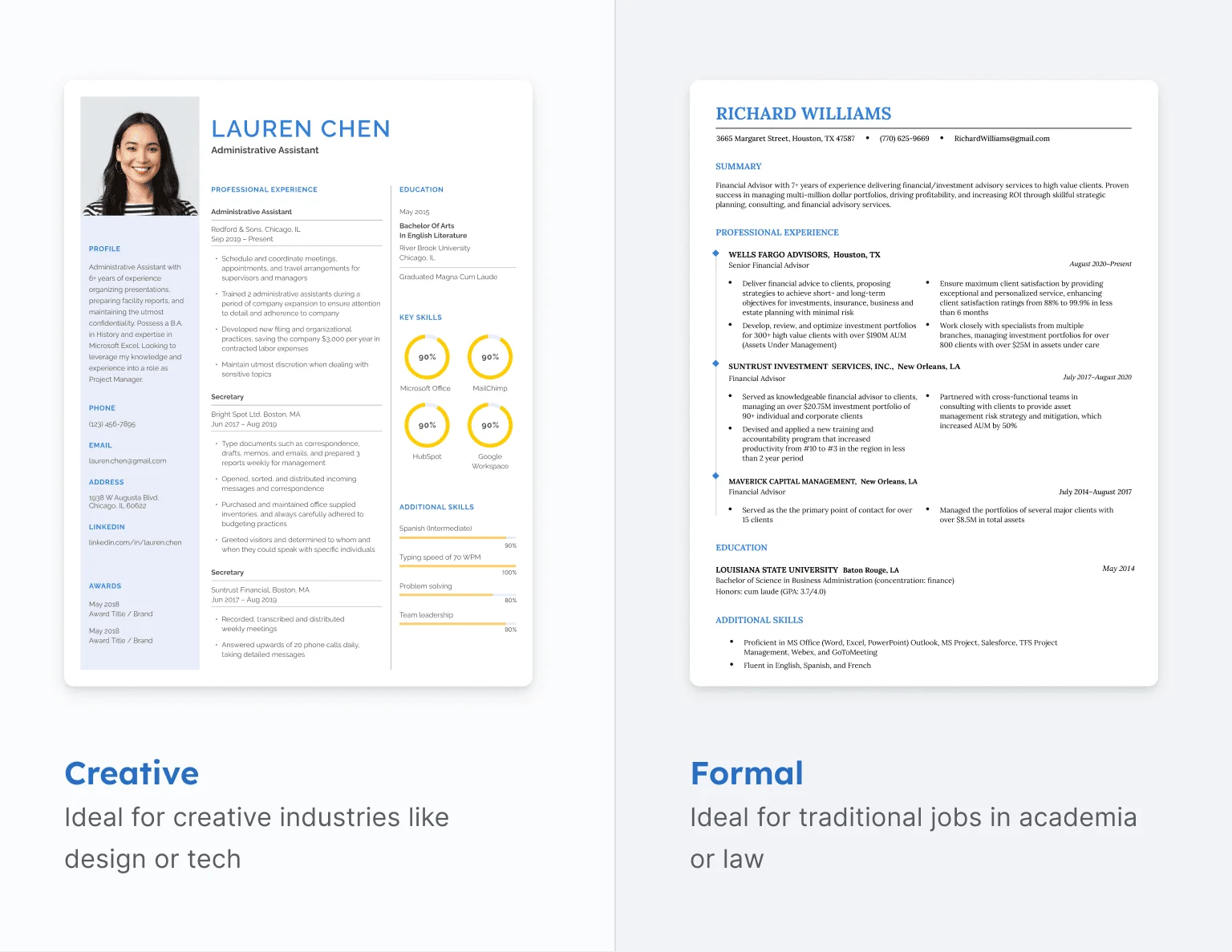 تصویری که یک CV خلاقانه را با یک عکس سر و رنگ‌های روشن با یک CV رسمی مقایسه می‌کند که ساده و مینیمالیستی به نظر می‌رسد.